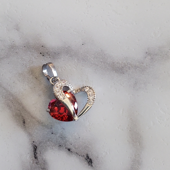 Silver Heart & Garnet Heart Pendant Necklace Charm - Picture 6 of 7